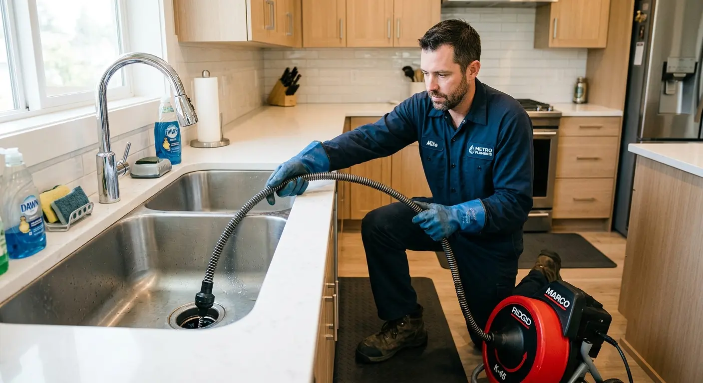 Drain cleaning technician using a motorized snake on a kitchen sink in Richardson
