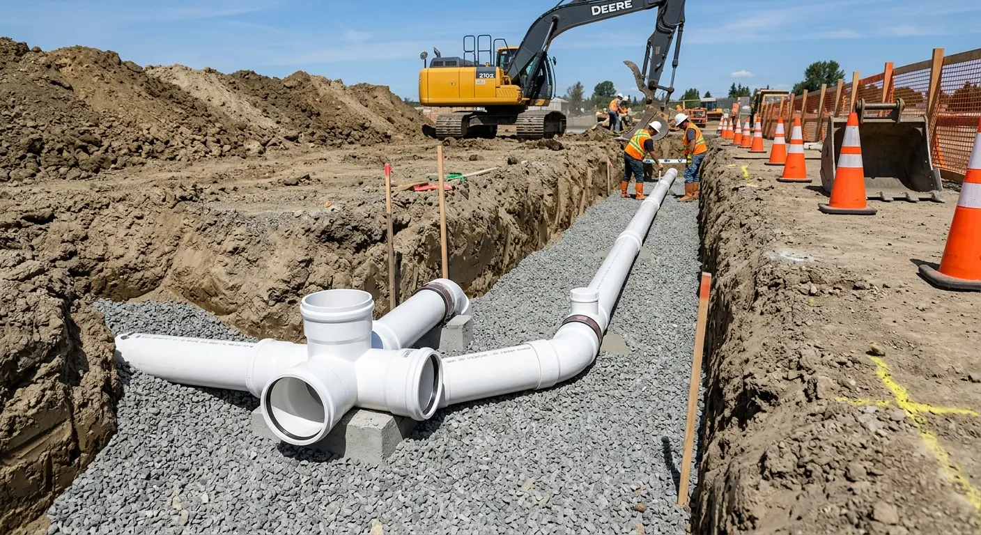 New PVC sewer pipe installation in open trench for Commercial Drain Cleaning in Richardson