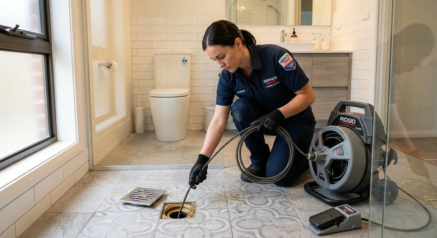 Technician clearing a bathroom floor drain for Sewer Line Installation in Richardson